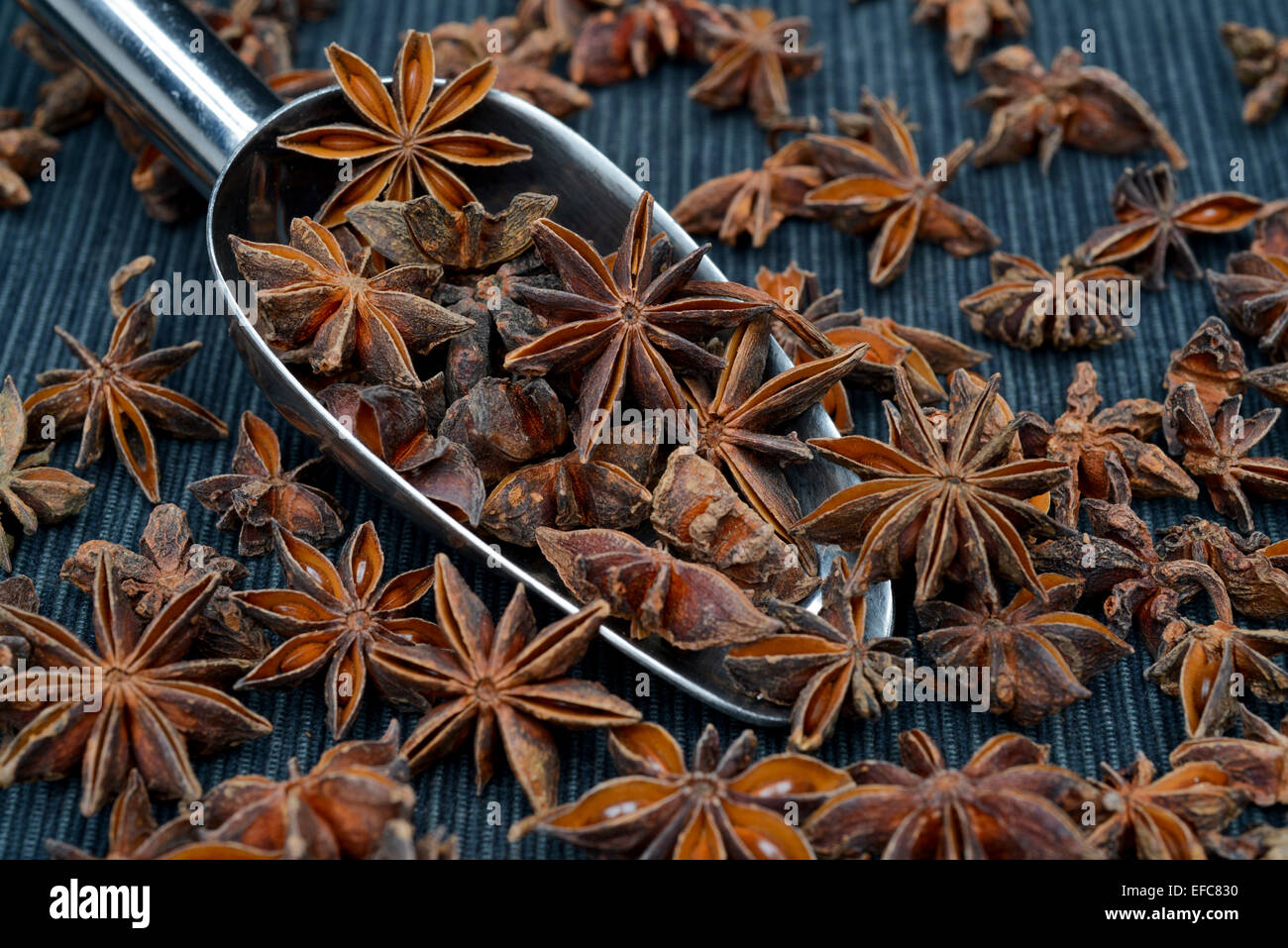 The Chinese cooking spice star anise spilling out of a stainless steel