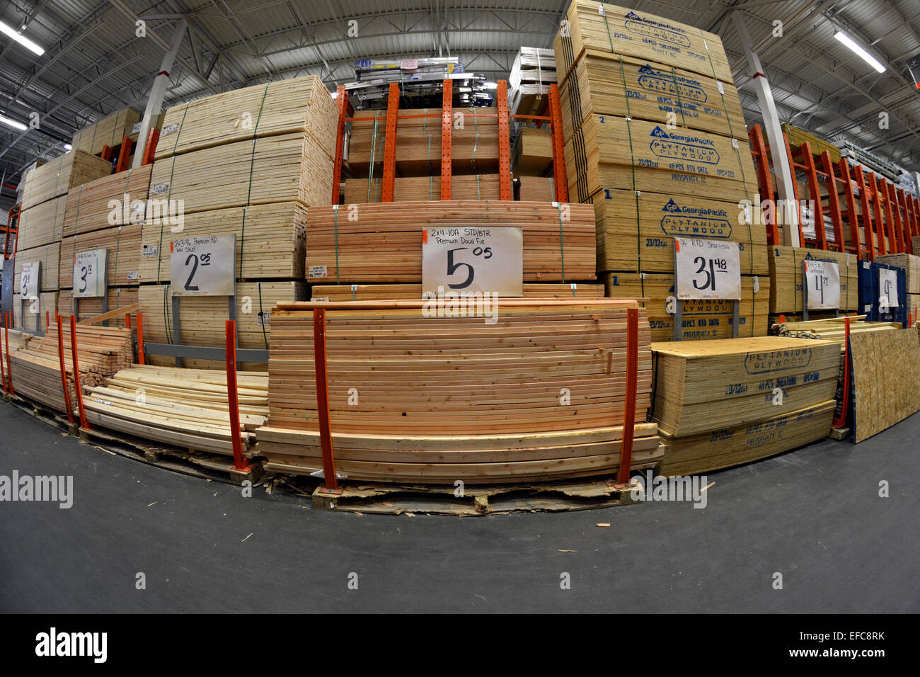A fisheye lens view of lumber for sale at Home Depot in College Point, Queens, New York City. Stock Photo