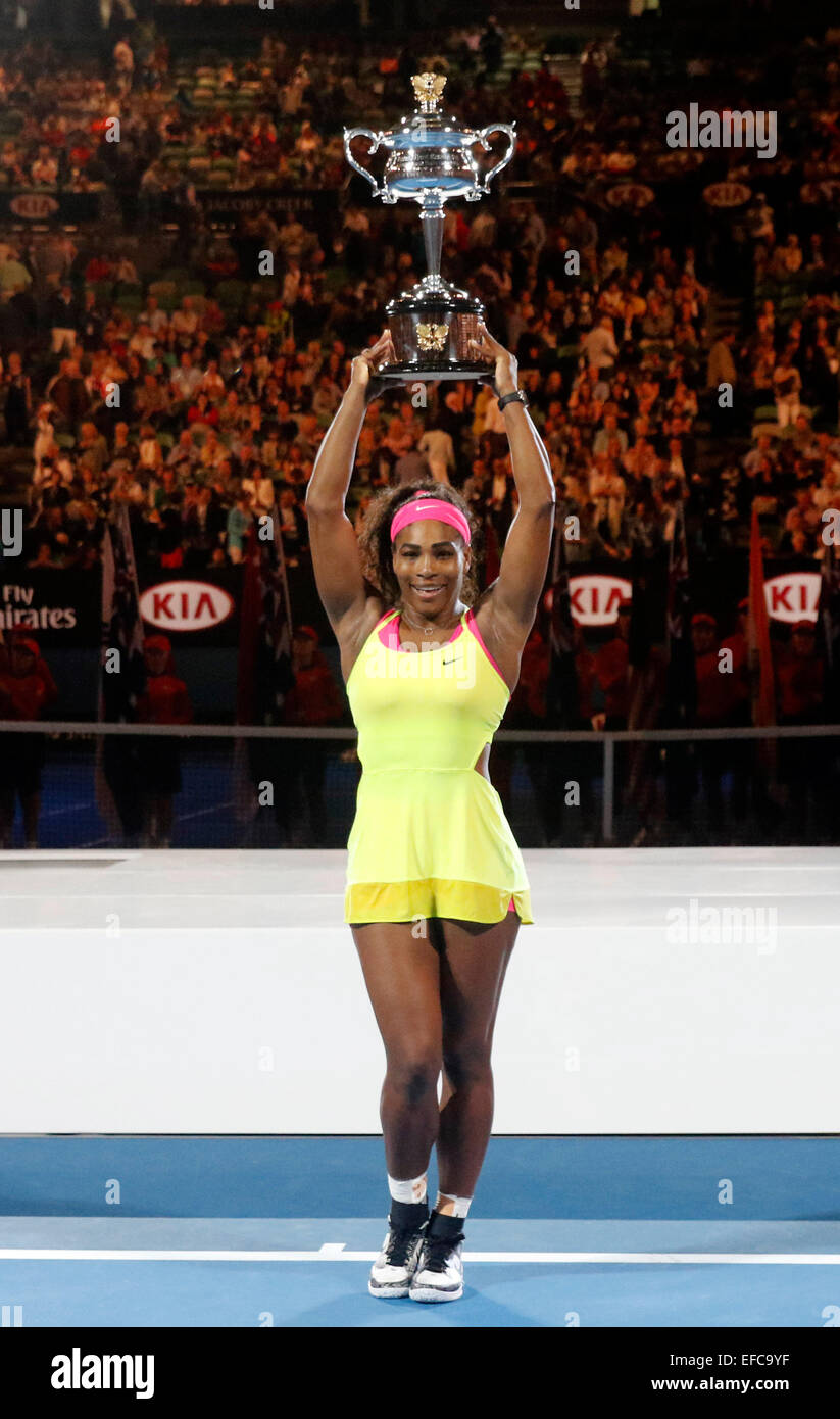 Melbourne, Australia. 31st Jan, 2015. Serena Williams of the United States  poses with her trophy after winning her women's singles final match against  Sharapova of Russia at the Australian Open tennis championship