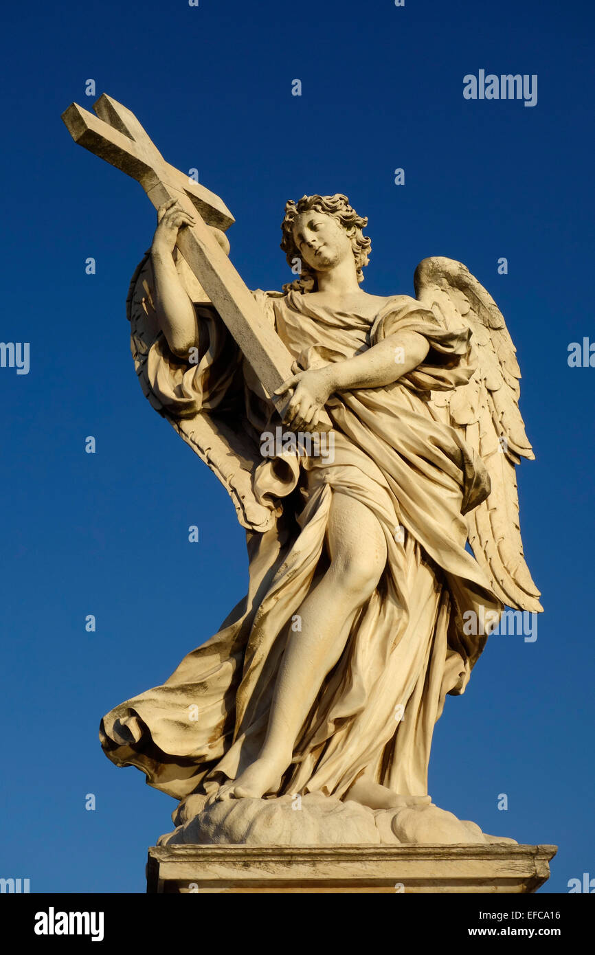 Angel with the Cross (Ercole Ferrata) Sculpture on Ponte Sant'Angelo Rome Italy Stock Photo