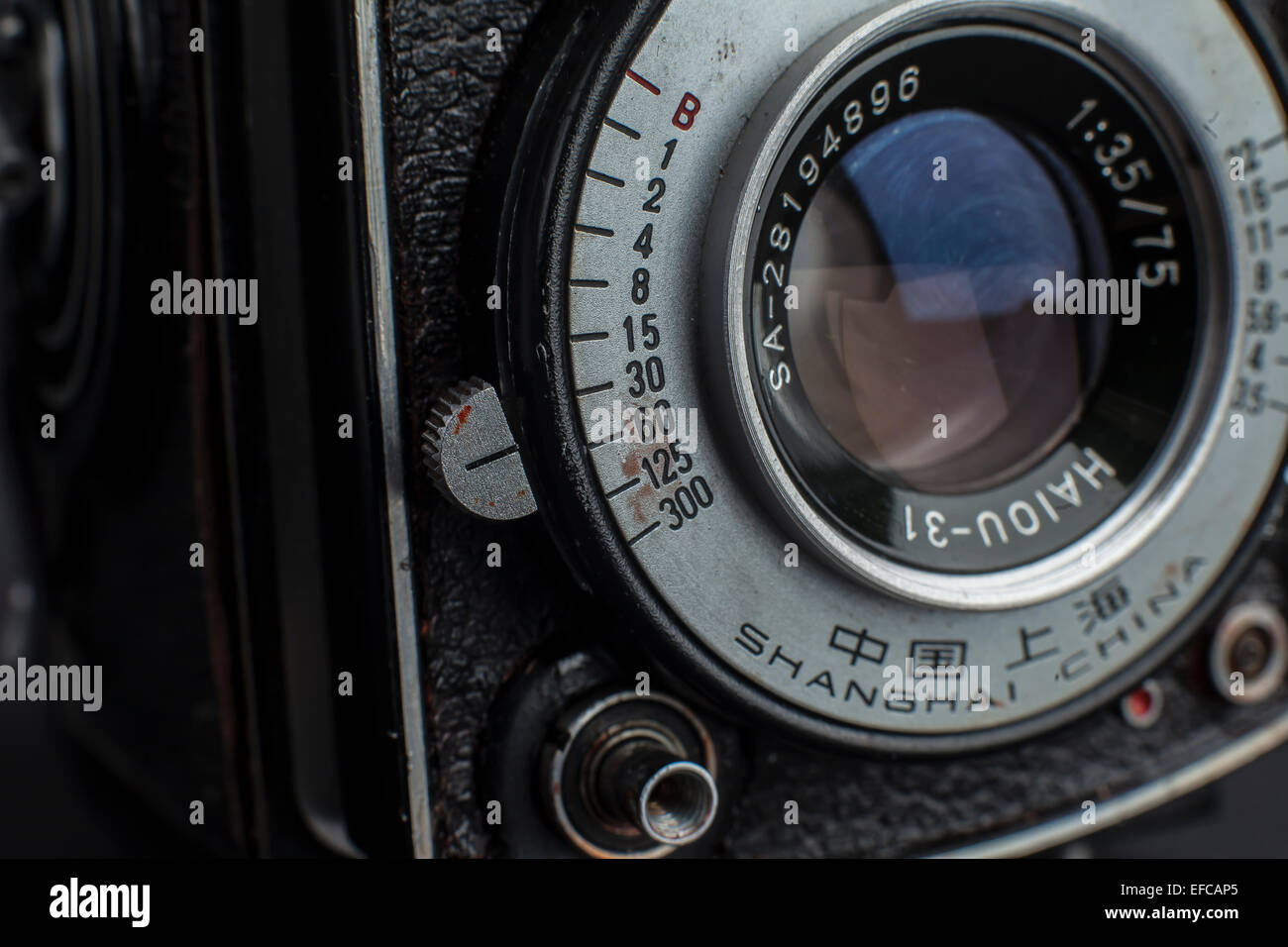 the bottom front lens element of an vintage medium format twin reflex camera Stock Photo