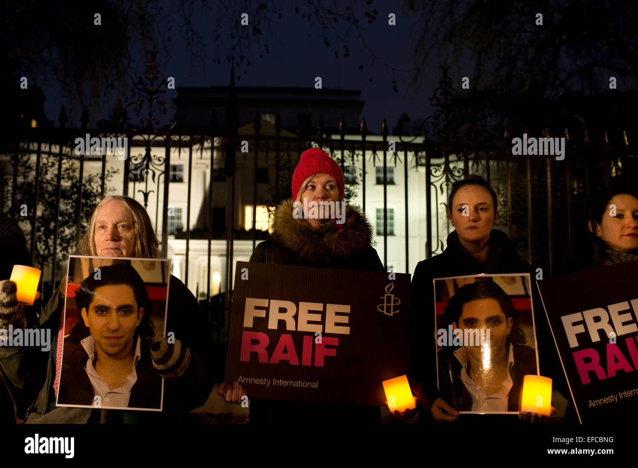 Protest outside the Embassy of Saudi Arabia, in London, organized by Amnesty International, against the flogging of Raif Badawi Stock Photo