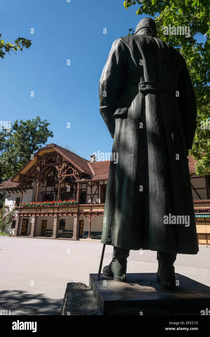 Innsbruck City Landscape. Statue of Emperor Franz Josef  at his Summer House at Bergisel Stock Photo