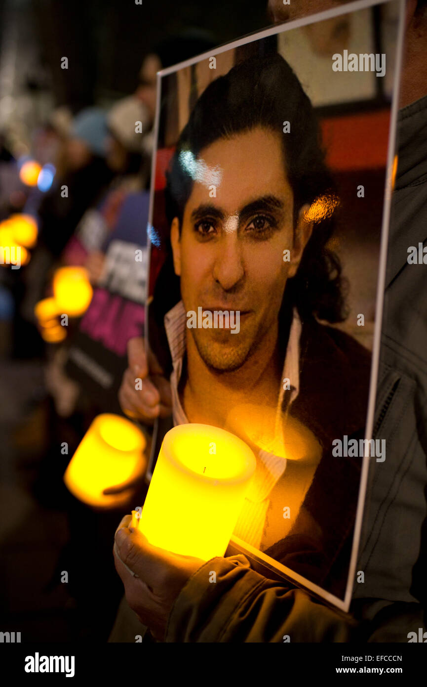 Protest outside the Embassy of Saudi Arabia, in London, organized by Amnesty International, against the flogging of Raif Bedawi Stock Photo