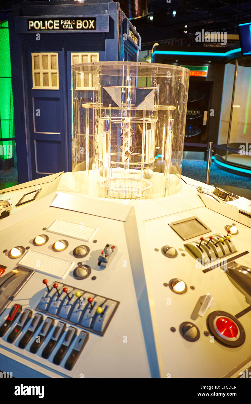 The Tardis With It's Control Panel Used By The Time Lord Dr Who On Show At The National Space Centre Leicester UK Stock Photo