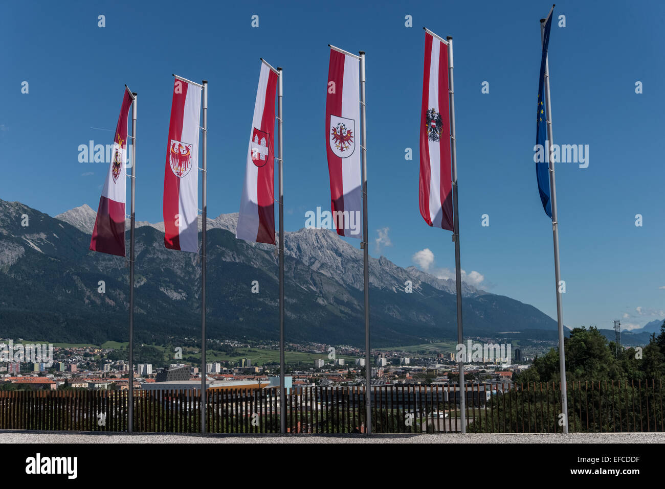 Innsbruck City Landscape,  Flags of Austrian Provinces Stock Photo