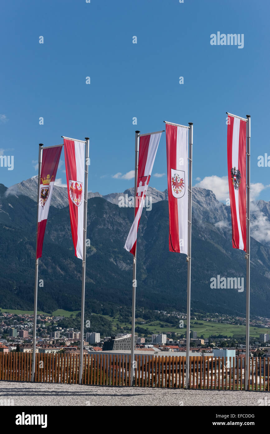 Innsbruck City Landscape, Flags of Austrian Provinces Stock Photo