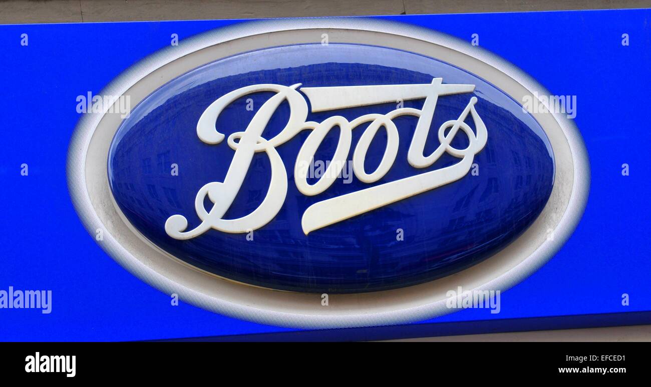 LONDON, UK. JULY 9, 2014: Close up of Boots logo. Boots is a major pharmacy chain in the UK and Ireland. Stock Photo