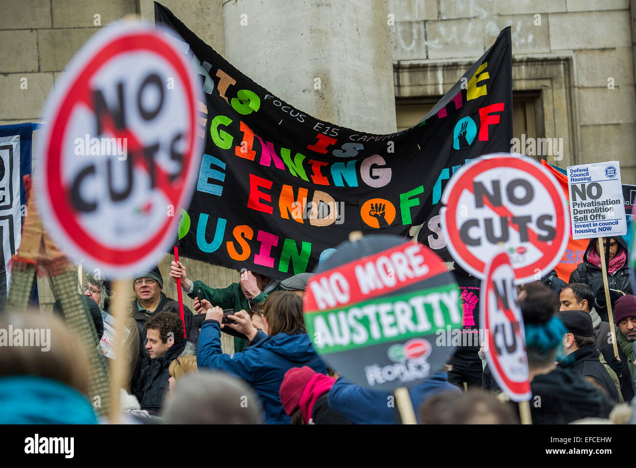 London, UK. 31st Jan, 2015. The start involved speaches at the church. People marched from South London and East London to City Hall to demand better homes for Londoners and an end to the housing crisis. Demands included rent controls, affordable and secure homes for all, an end to the Bedroom Tax and welfare caps and the building of new council houses. The event was called by Defend Council Housing and  South London People's Assembly. And the East London route started at Parish Church of St. Leonard, Shoreditch, London, United Kingdom. 31 Jan 2015. Credit:  Guy Bell/Alamy Live News Stock Photo