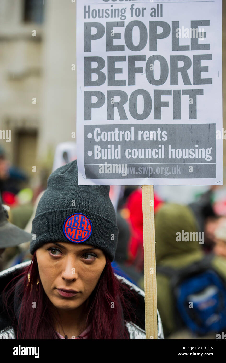 London, UK. 31st Jan, 2015. The start involved speaches at the church. People marched from South London and East London to City Hall to demand better homes for Londoners and an end to the housing crisis. Demands included rent controls, affordable and secure homes for all, an end to the Bedroom Tax and welfare caps and the building of new council houses. The event was called by Defend Council Housing and  South London People's Assembly. And the East London route started at Parish Church of St. Leonard, Shoreditch, London, United Kingdom. 31 Jan 2015. Credit:  Guy Bell/Alamy Live News Stock Photo