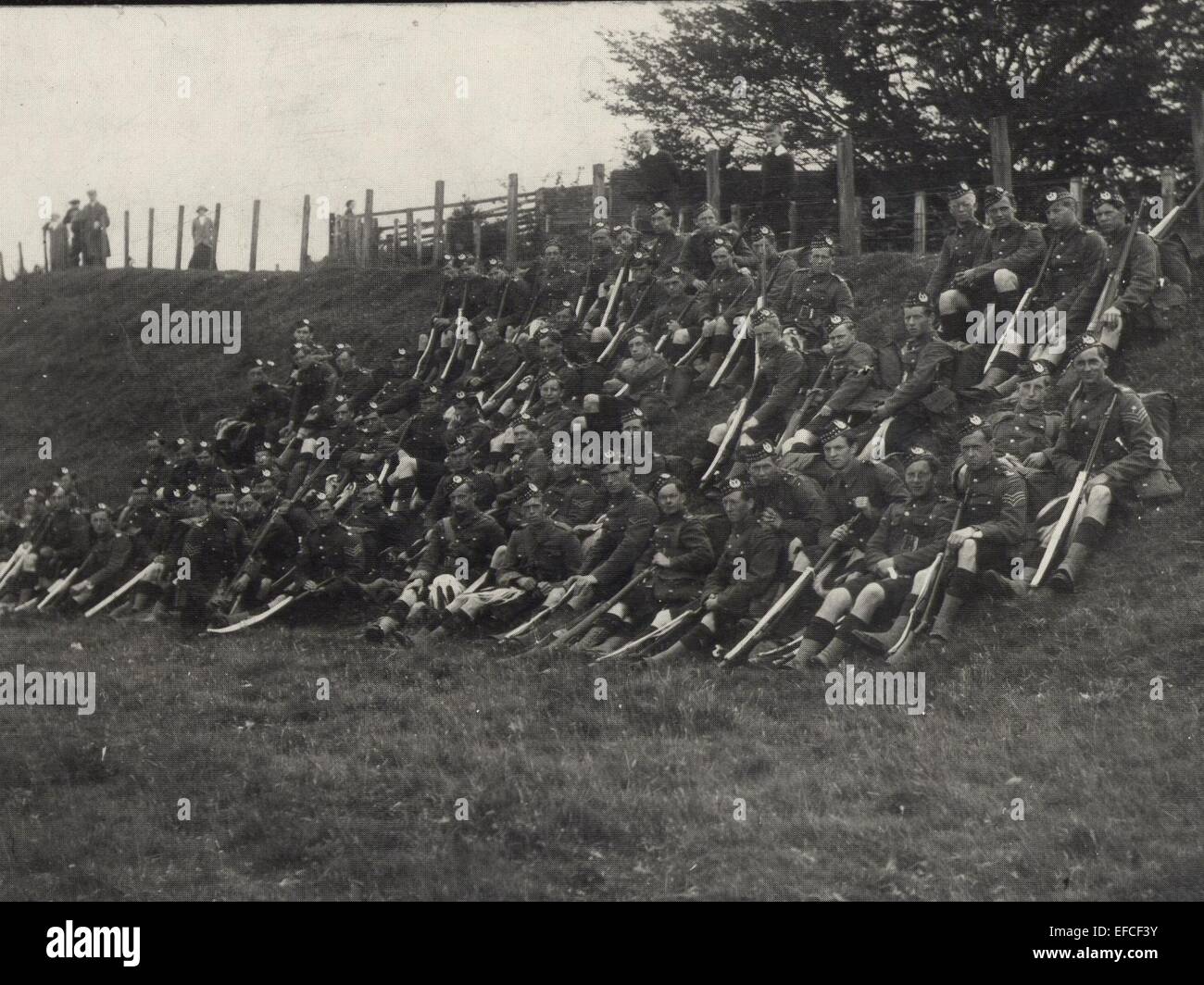 Aberdeen University's U Company of 4th Gordon Highlanders, July 1914, Tain.  U Company at rest during a route march at Summer Camp. Stock Photo