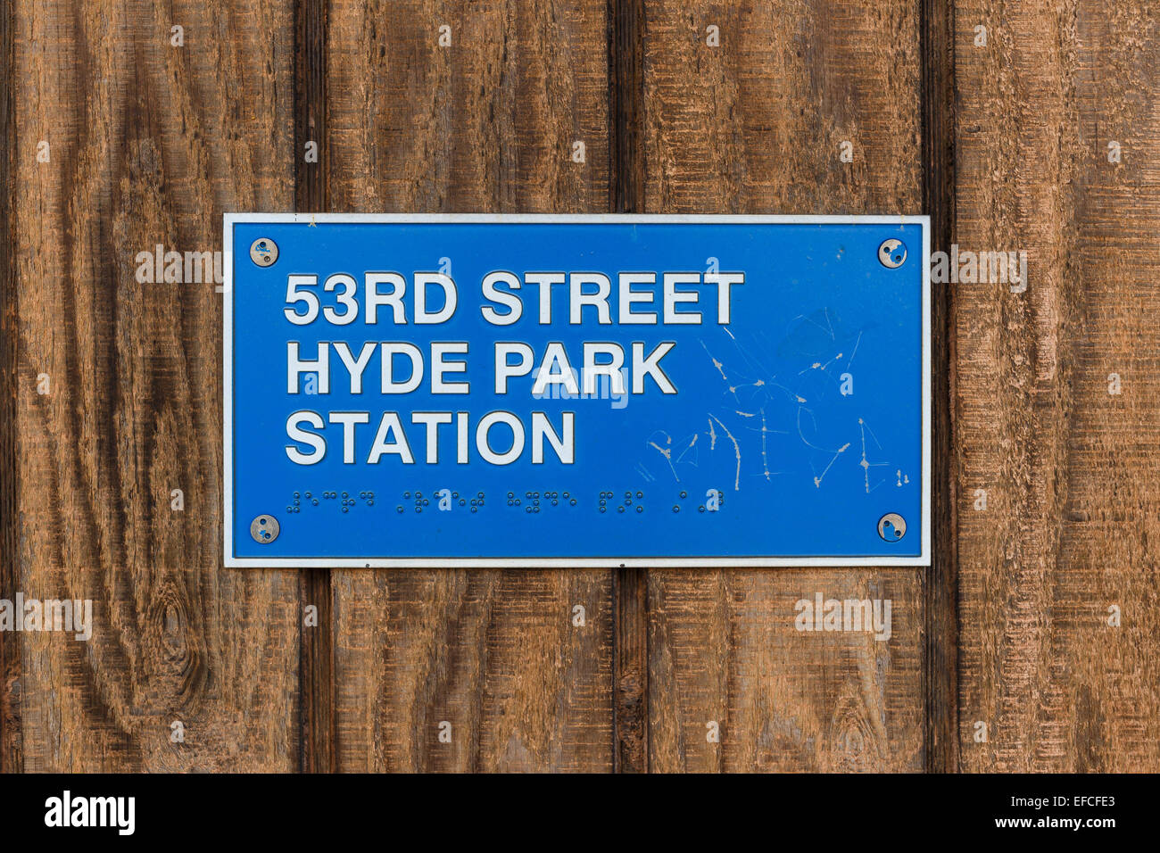 Station sign for the 53rd Street Hyde Park Metra station in Chicago, IL, USA. Stock Photo