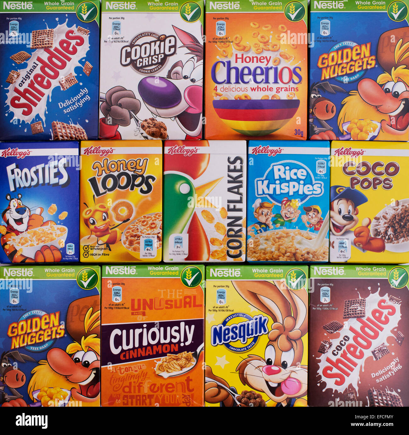 Assorted childrens breakfast cereal packets pattern Stock Photo