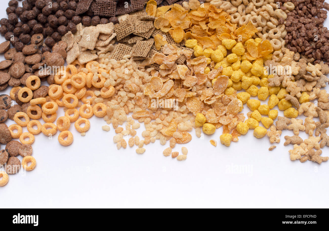 Assorted childrens breakfast cereals on white background Stock Photo