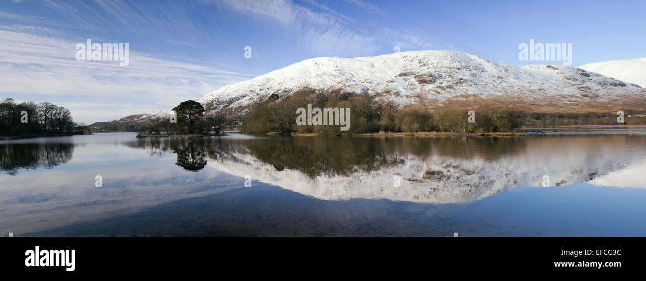 Loch Awe and snow covered mountains in winter. Argyll and Bute, Scotland. Panoramic Stock Photo