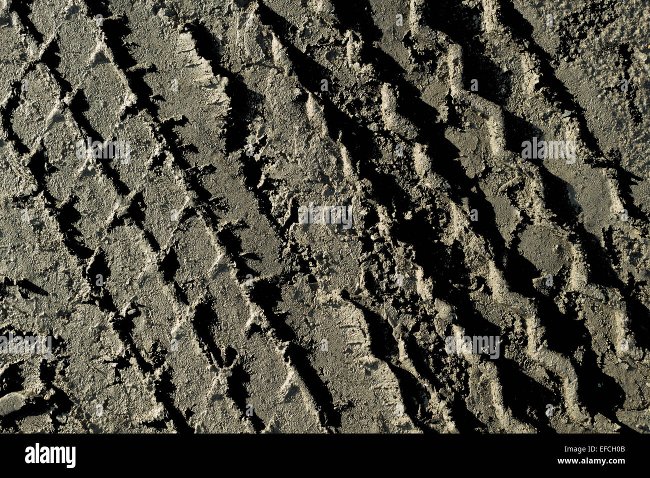 Many car tire tread marks mud background Stock Photo