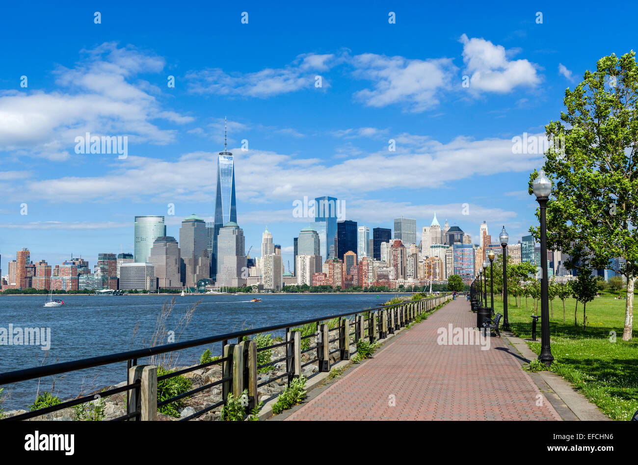The Lower Manhattan skyline in dowtown New York City viewed across the Hudson River from Liberty State Park in New Jersey, USA Stock Photo