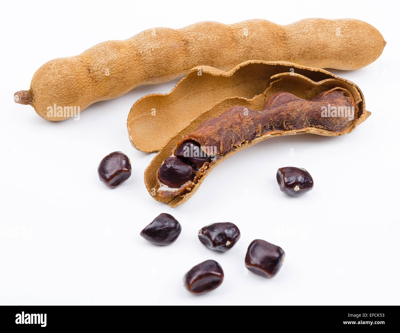 Dried tamarind fruits with seeds on white background. One open pod with pulp inside its shell. Tamarindus indica. Stock Photo