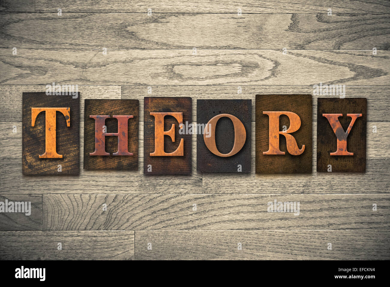 The word 'THEORY' written in vintage wooden letterpress type. Stock Photo