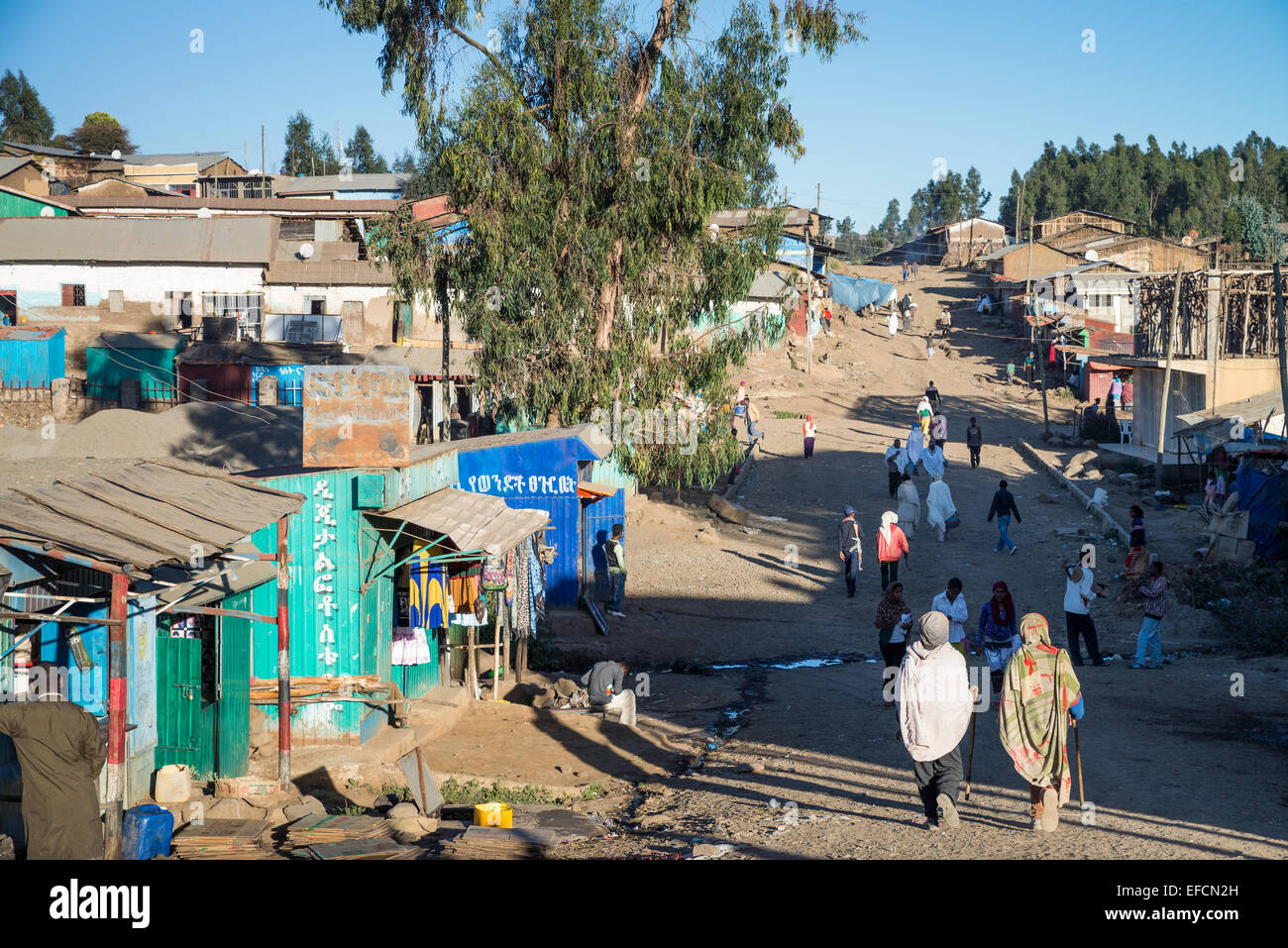 street scene at the town of Debark on the edge of the Simien Mountain National Park in Ethiopia, Africa. Stock Photo