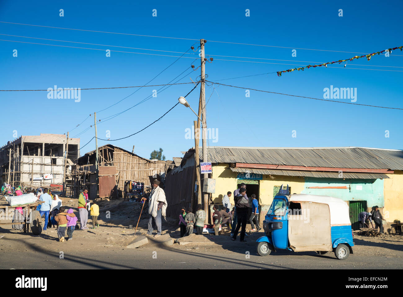 street scene at the town of Debark on the edge of the Simien Mountain National Park in Ethiopia, Africa. Stock Photo