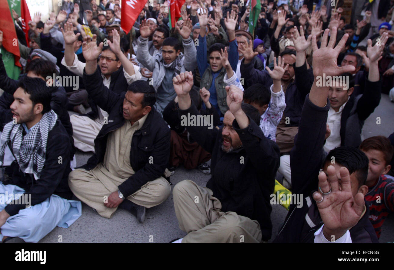 Quetta. 31st Jan, 2015. Pakistani Shiite Muslims shout slogans during a ...