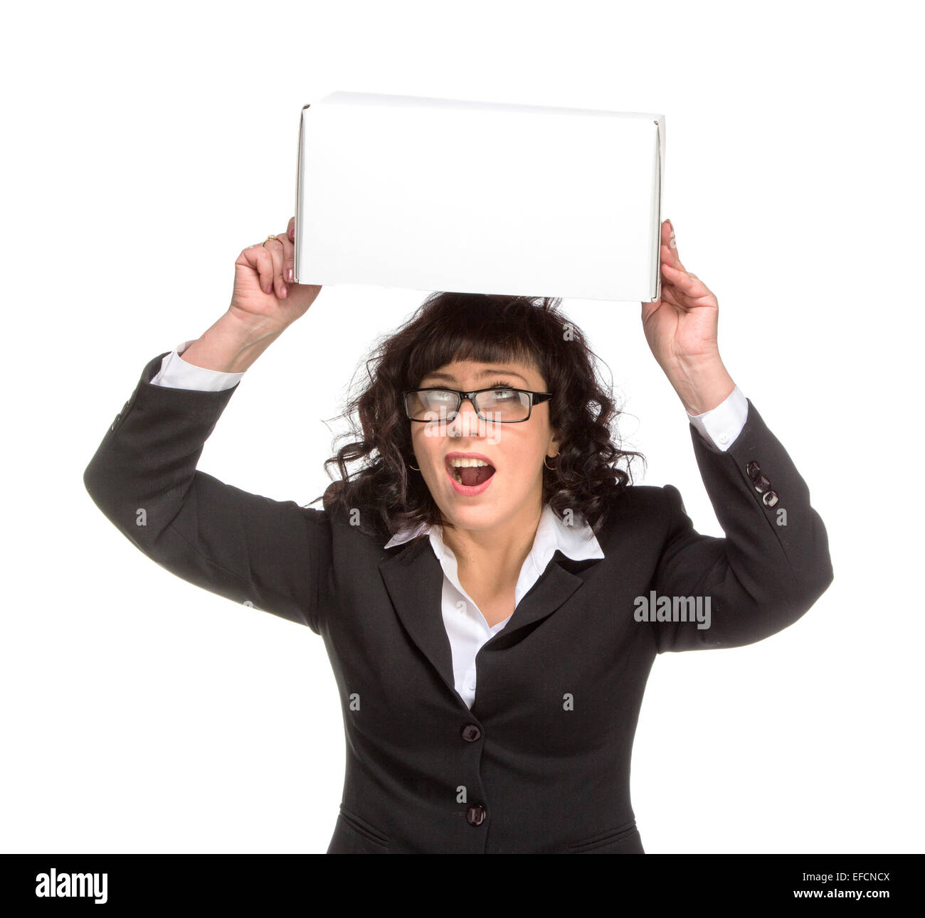 Portrait of mature woman with box, wearing glasses, isolated on white Stock Photo