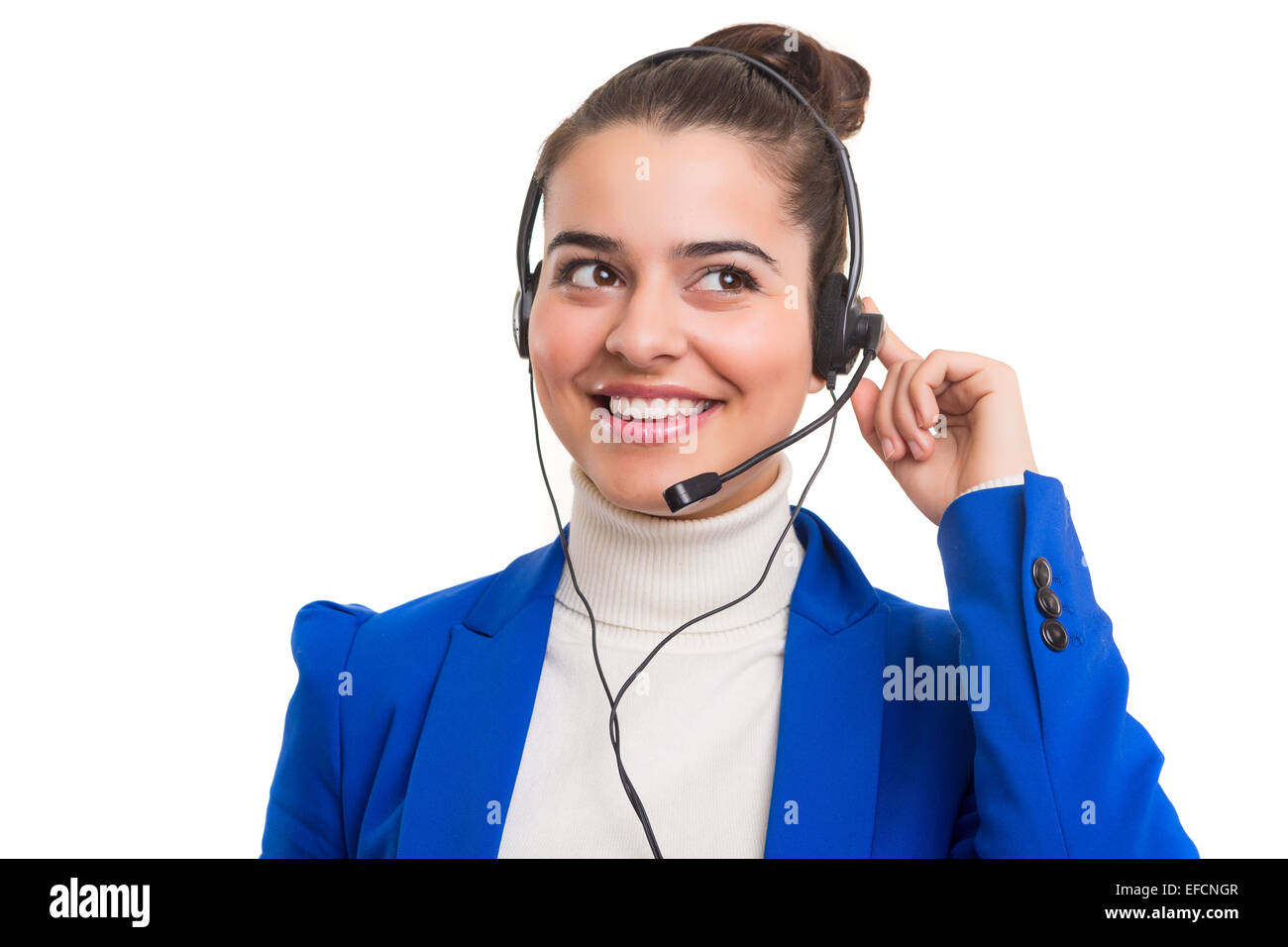 A friendly telephone operator smiling isolated over a white background