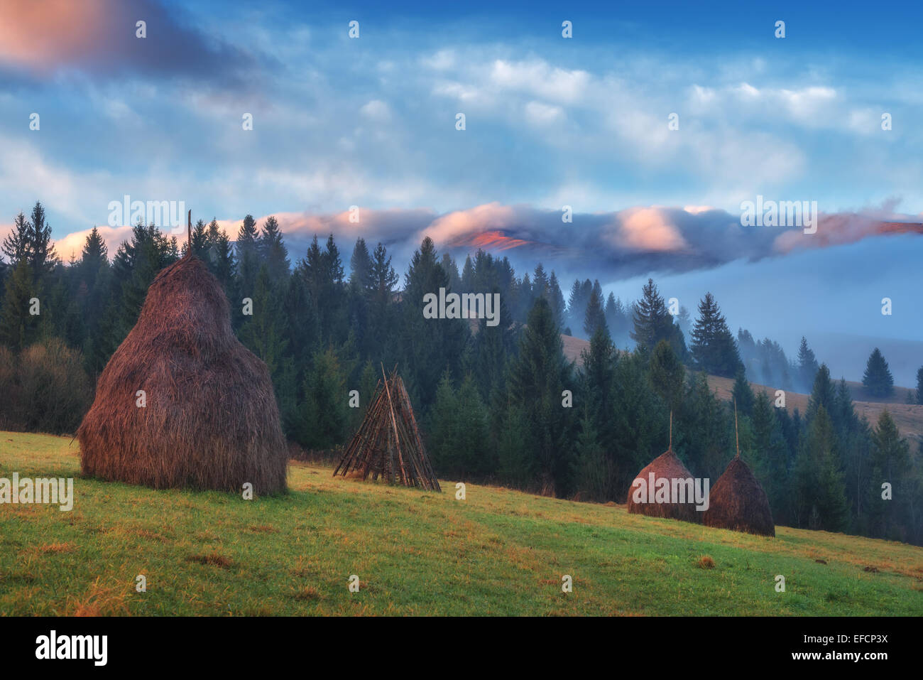 alone haystack in foggy mountain Stock Photo