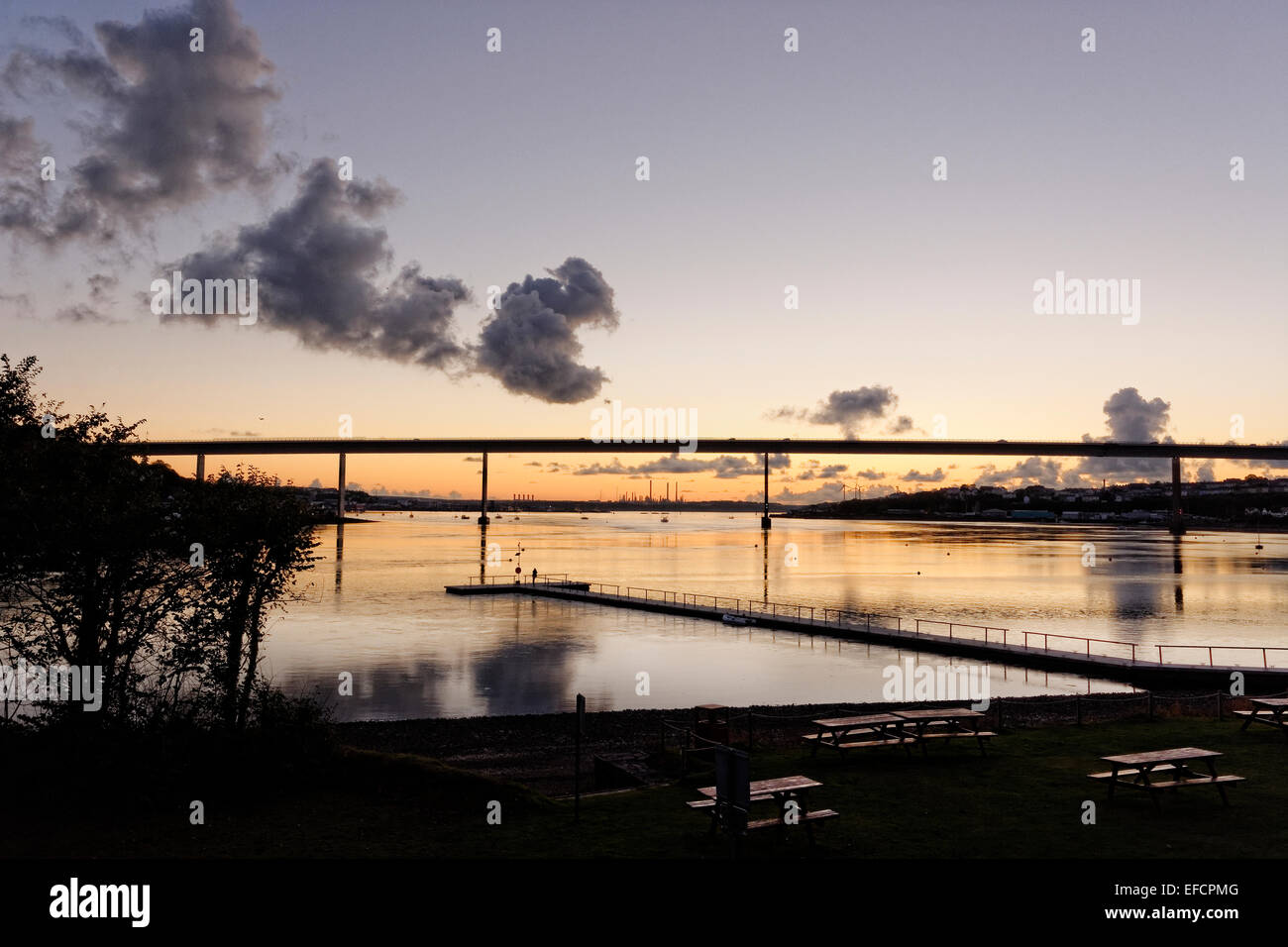 The tidal Cleddau estuary opposite Pembroke, Wales is bridged to the