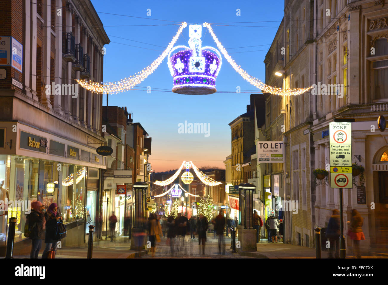 Christmas decorations on Peascod Street, Windsor, Berkshire, England