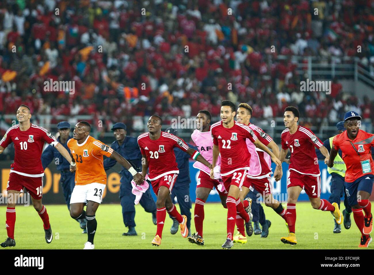 Bata, Equatorial Guinea. 31st Jan, 2015. Football players of Equatorial Guinea celebrate their victory after a quarterfinals match of Africa Cup of Nations against Tunisia at the Stadium of Bata, Equatorial Guinea, Jan. 31, 2015. Equatorial Guinea won 2-1. Credit:  Li Jing/Xinhua/Alamy Live News Stock Photo