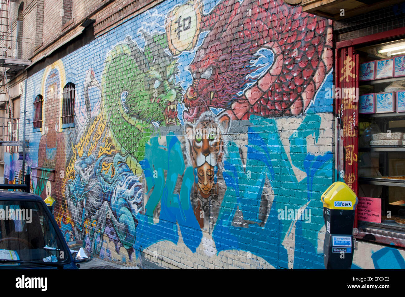 Dragon mural on the side of the Eastern Bakery in Chinatown, San