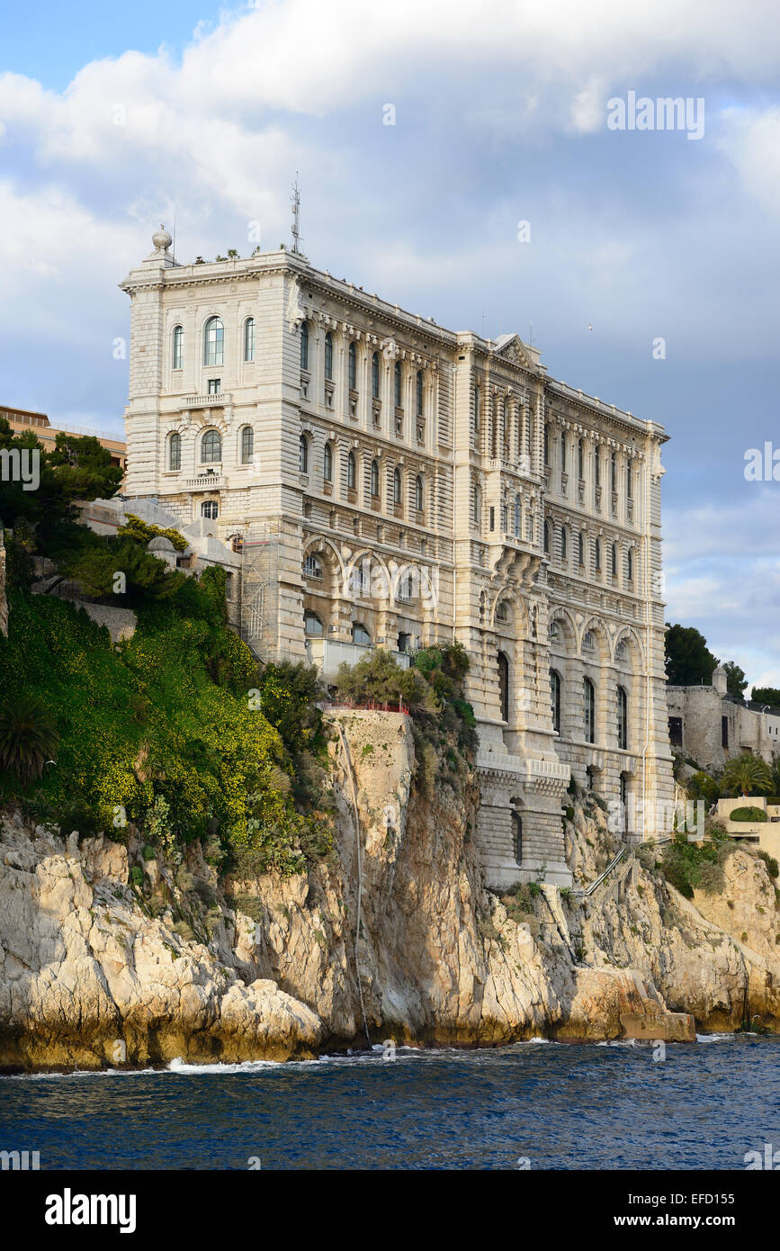 The imposing historic oceanographic museum built on the edge of a cliff in the ward of Monaco-Ville (the Rock). Principality of Monaco. Stock Photo