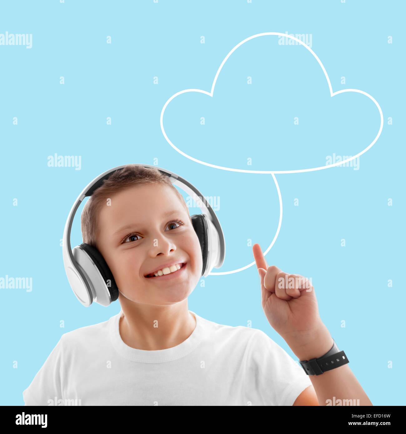 cloud music concept social media background kid listen earphones Stock Photo