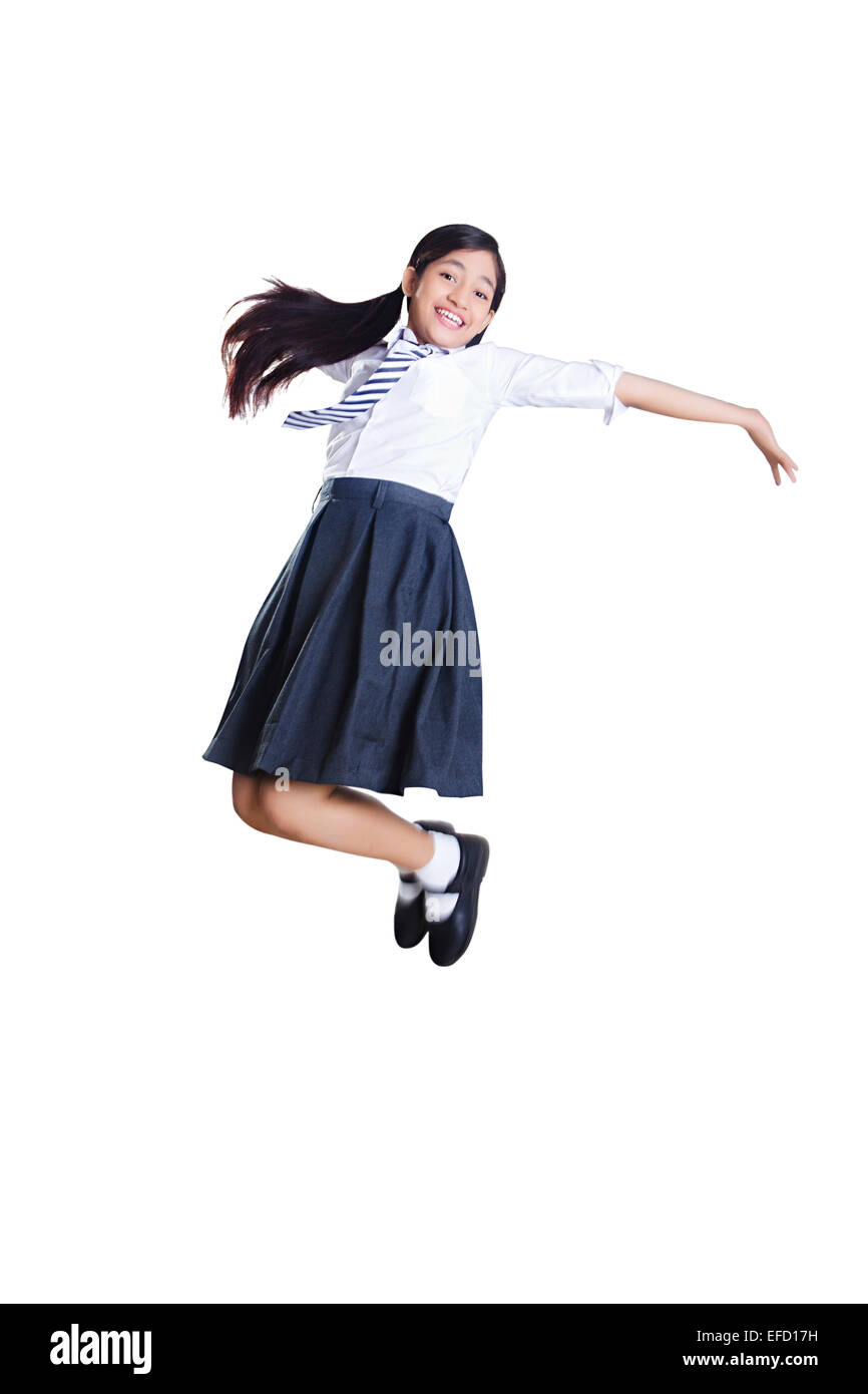 1 indian girl school student Jumping Stock Photo