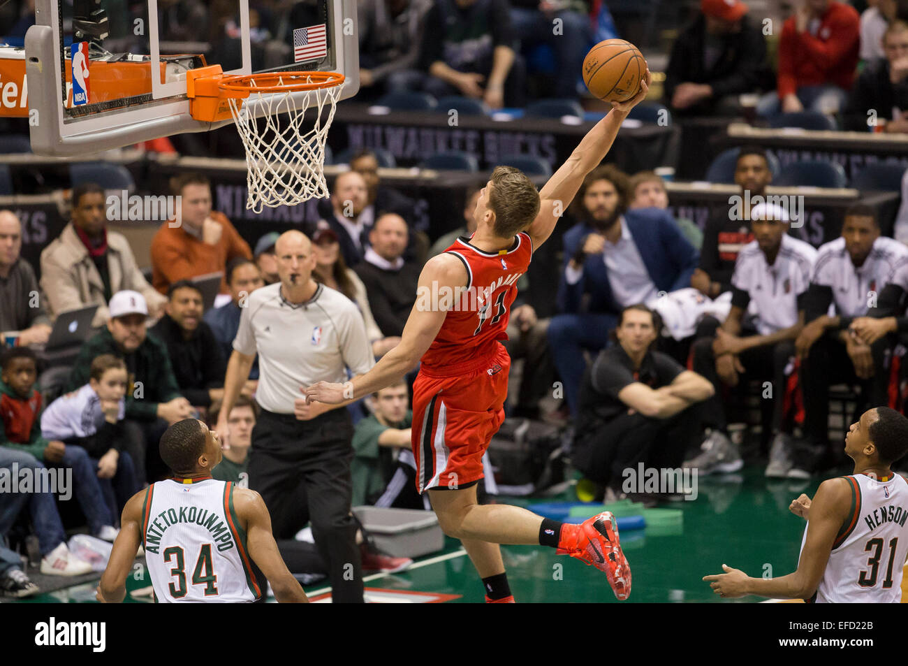 Milwaukee WI USA. 31st Jan 2015. Portland Trail Blazers center Meyers Leonard 11 goes in for a dunk during the NBA game between the Portland Trail Blazers and the Milwaukee Bucks at
