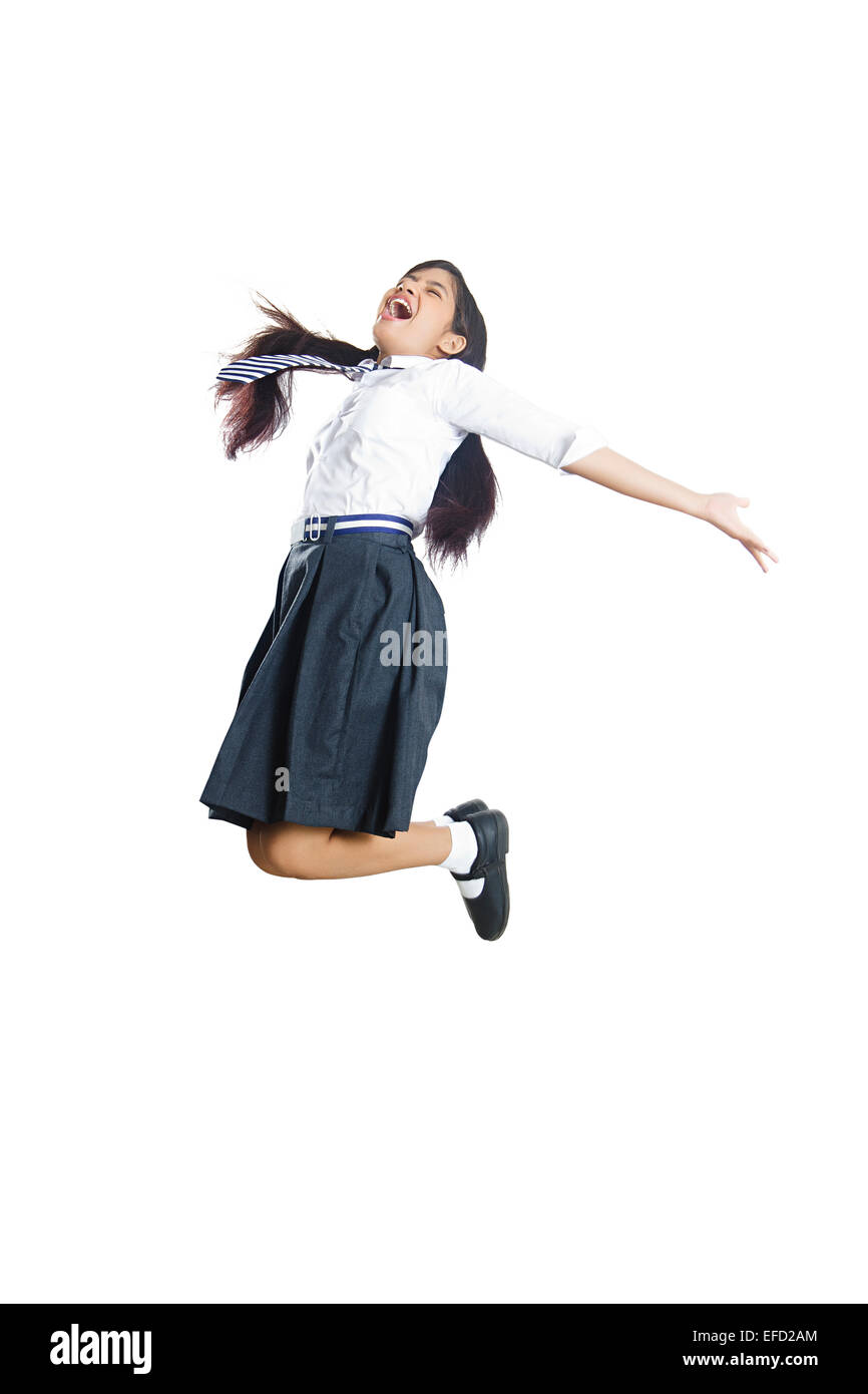 1 indian girl school student Jumping Stock Photo