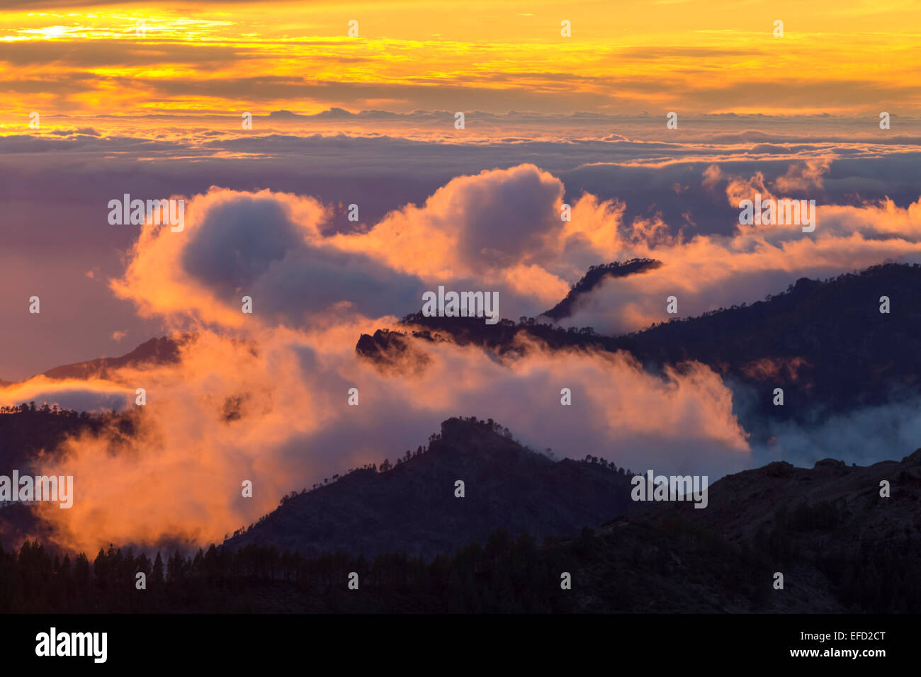 A spectacular sunset with cloud inversion from the highest point on Gran Canaria, Canary Islands, Spain. Stock Photo