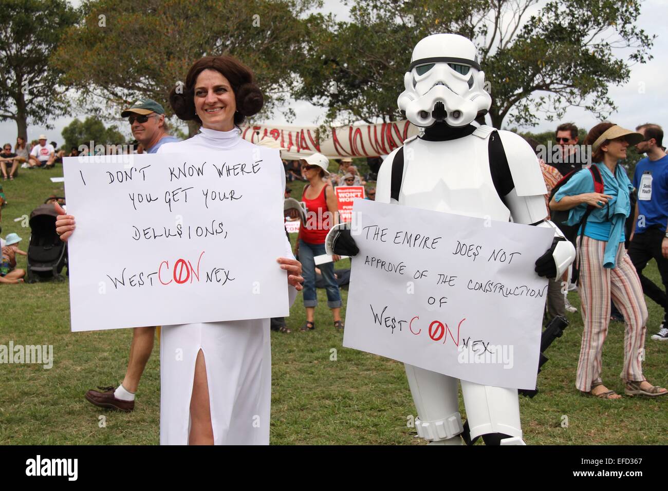 Sydney, Australia. 1 February 2015. Protesters against the WestConnex toll-road project and in favour of public transport marched from King Street, Newtown to Sydney Park, St Peters where speeches were made. There was a happy atmosphere with music and dancing. Pictured are protesters dressed as Princess Leia and a Stormtrooper from Star Wars. Credit: Copyright Credit:  2015. Richard Milnes / Alamy Live News Stock Photo