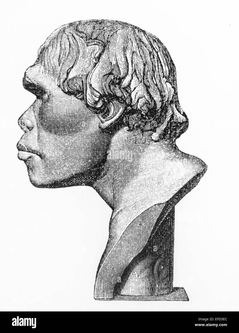 Vintage 19th century old drawing representing a Neanderthal human head Stock Photo