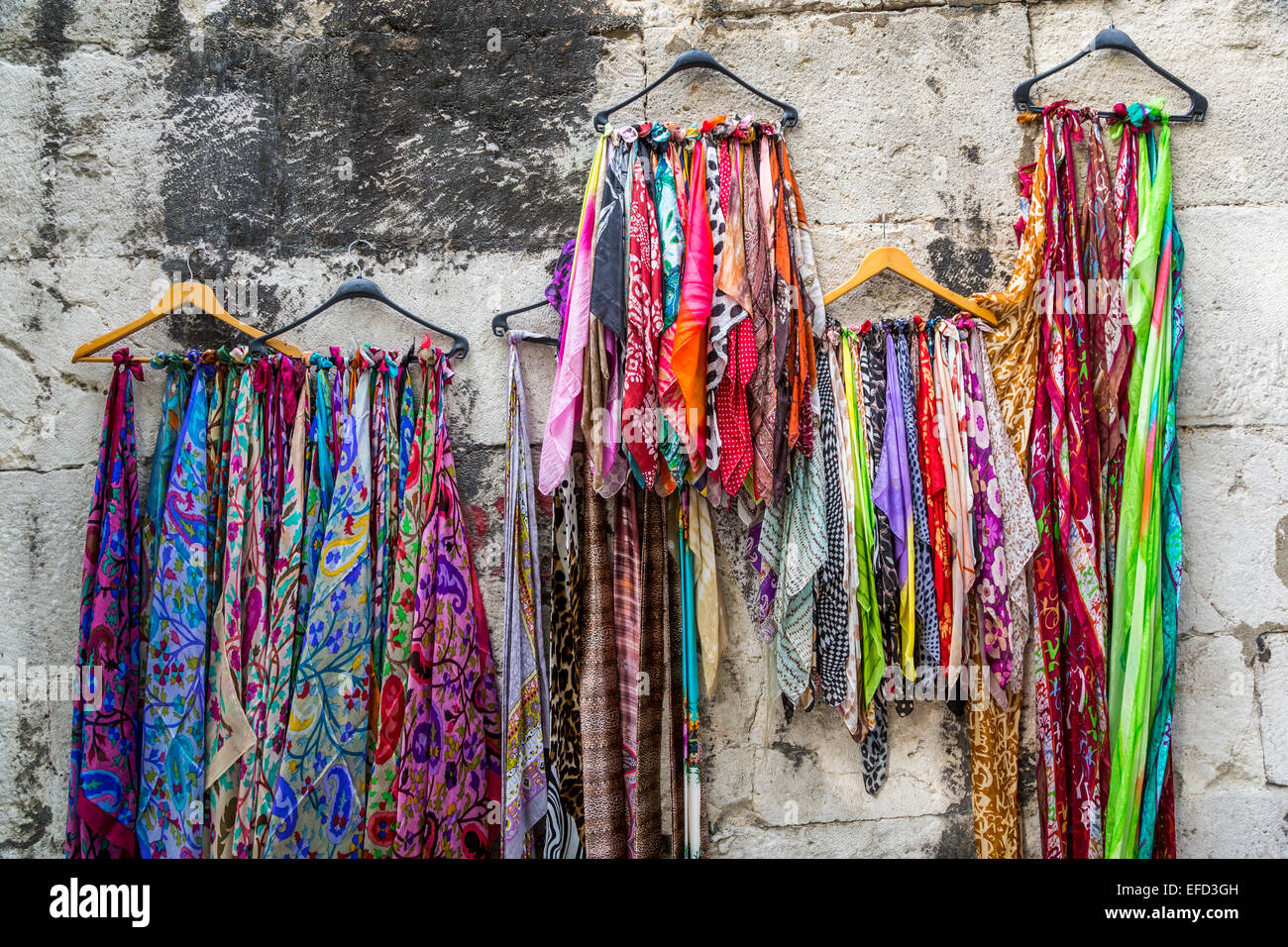 Scarves and shawls for sale at a street kiosk in Sultahamet, Istanbul, Turkey, Eurasia. Stock Photo