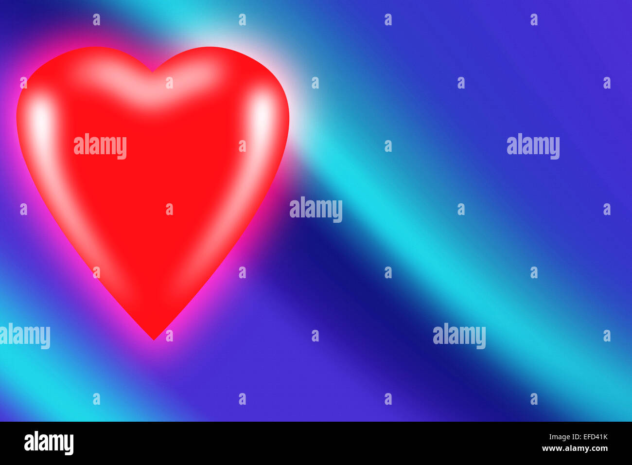 Red heart on a blue graduated patterned background. The heart is separated from the background by a diffuse magenta glow Stock Photo