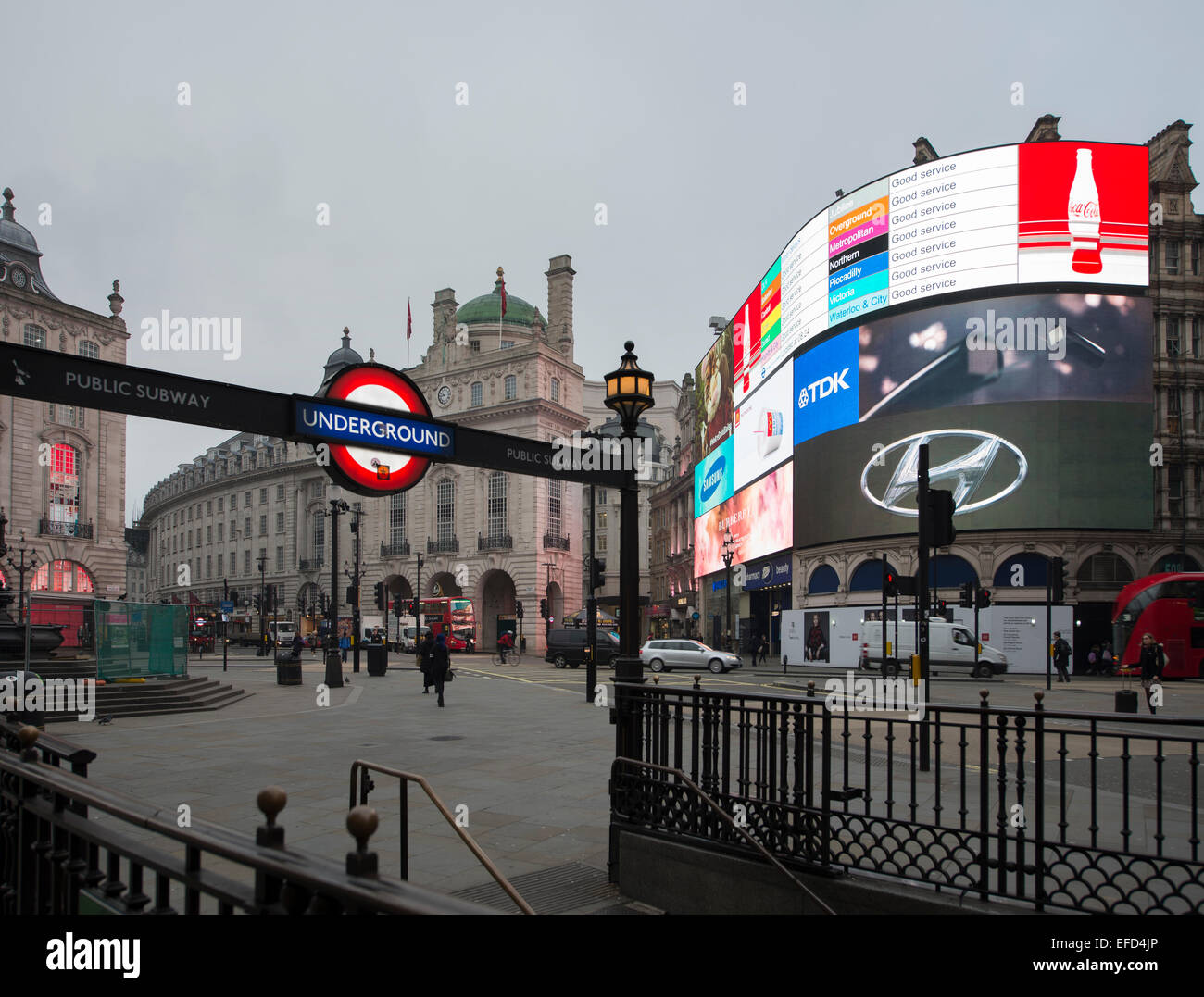 Piccadilly Circus in the west end of London on a gloomy winter morning