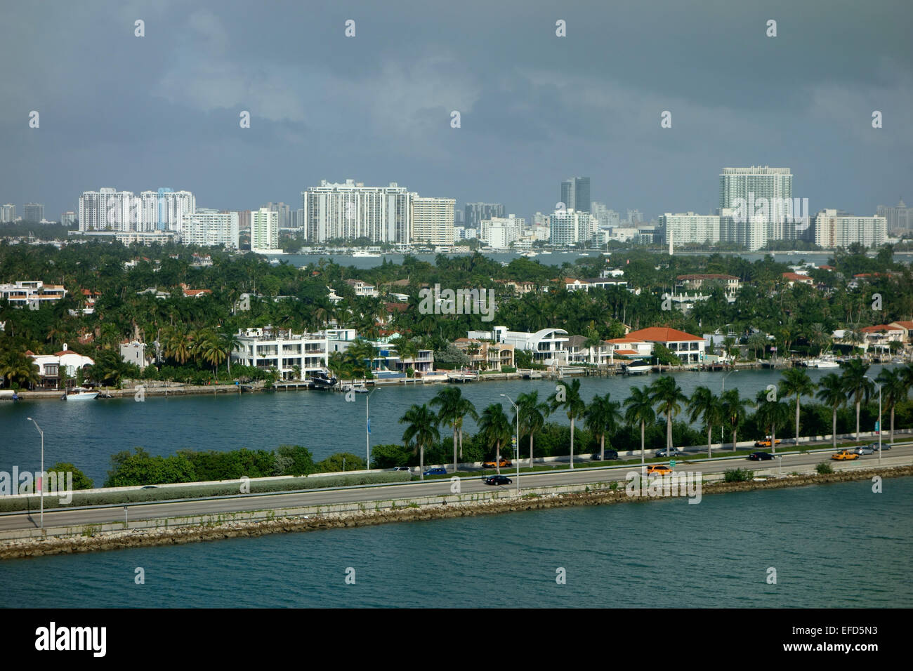 Aerial view of MacArthur Causeway, Palm Island and Miami beach on the  background, Miami, Florida, USA Stock Photo