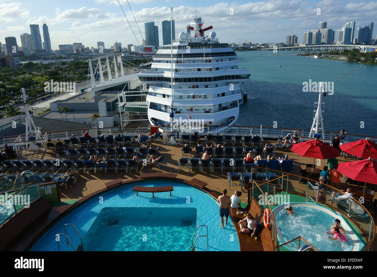 Aerial view of the cruise ships in the port of Miami and skyscrapers of Miami downtown, Florida