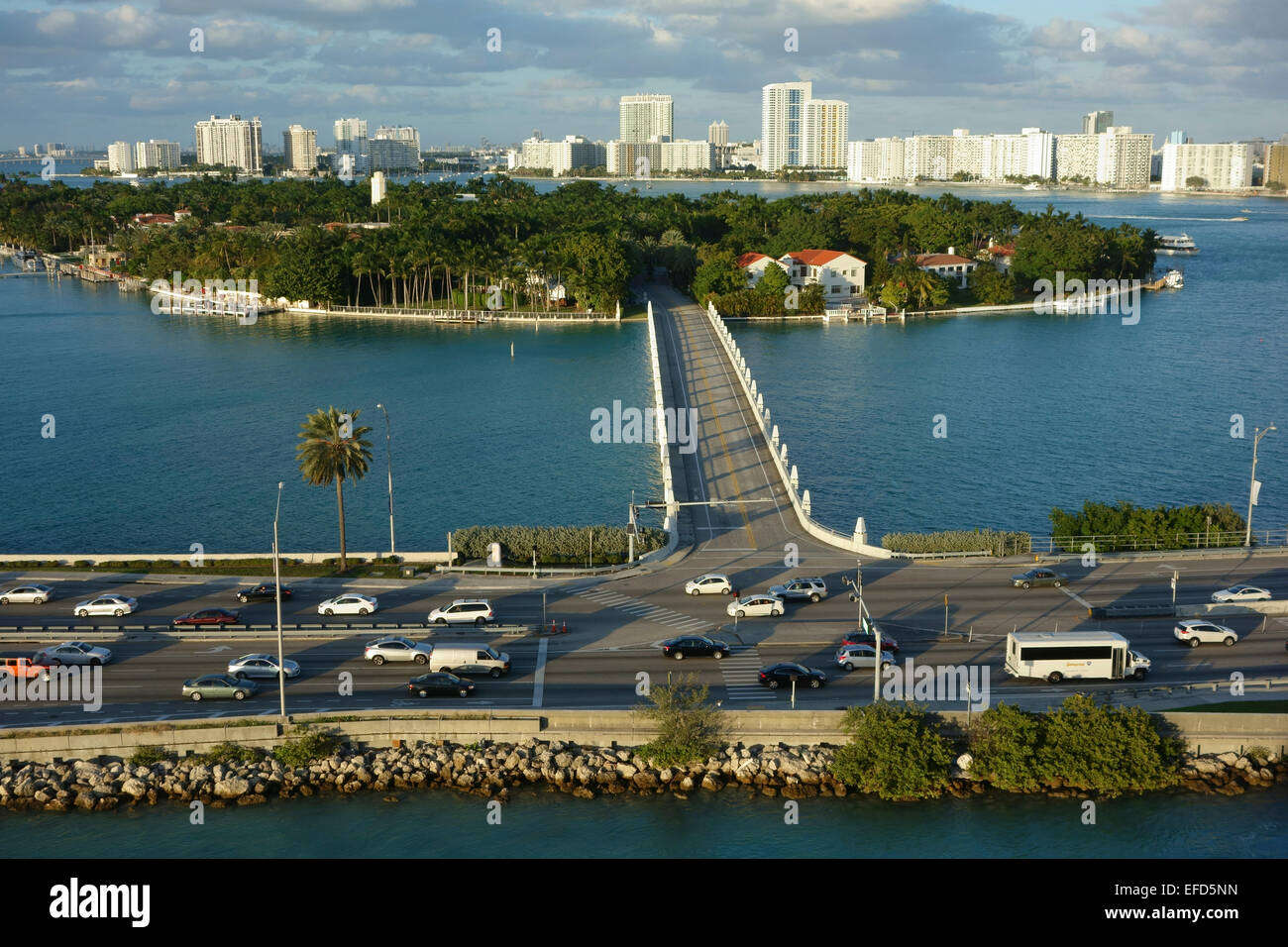 Aerial view of MacArthur Causeway,  Star Island and Miami Beach on the background, Miami, Florida, USA Stock Photo