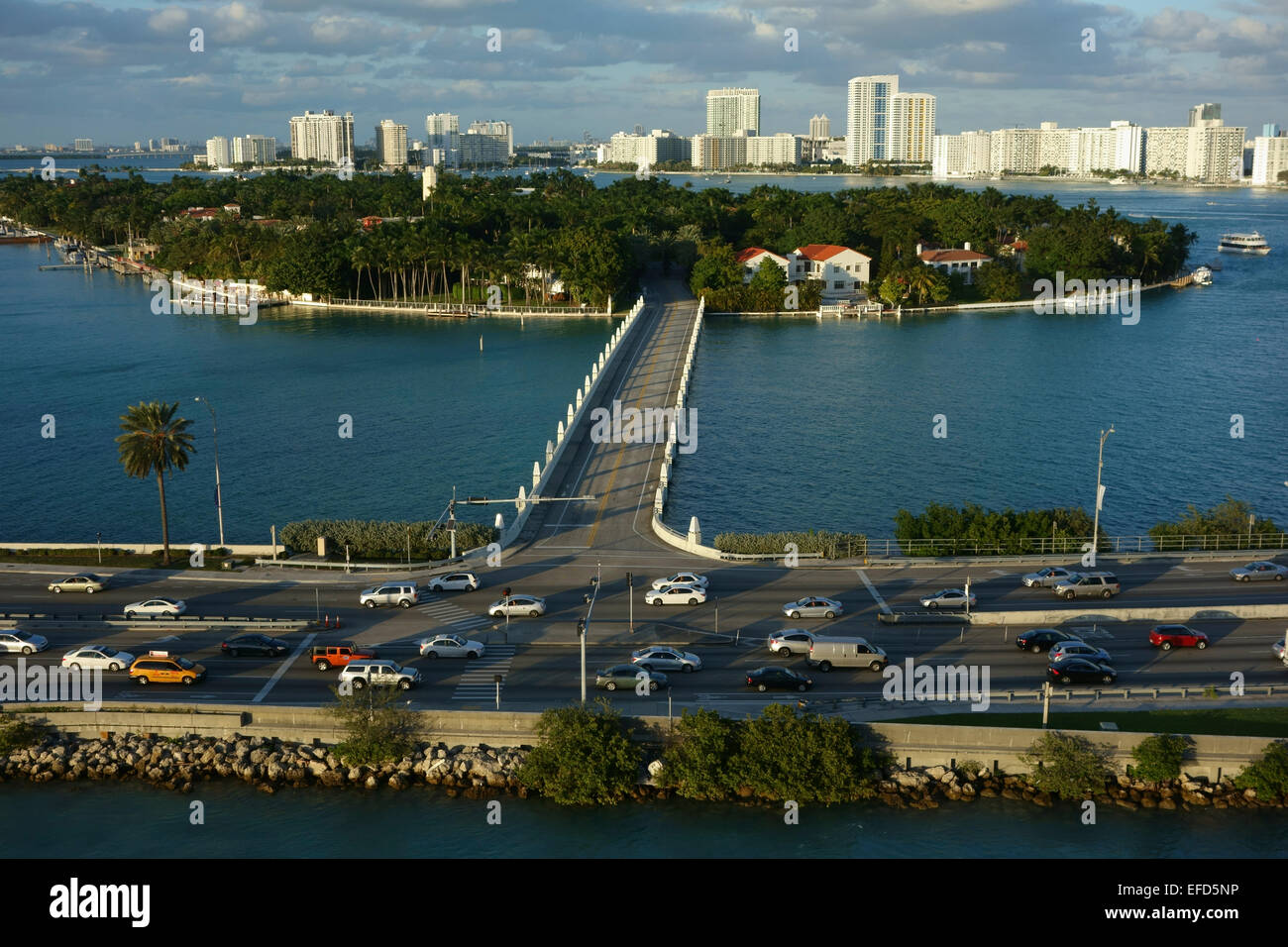 Aerial view of MacArthur Causeway,  Star Island and Miami Beach on the background, Miami, Florida, USA Stock Photo