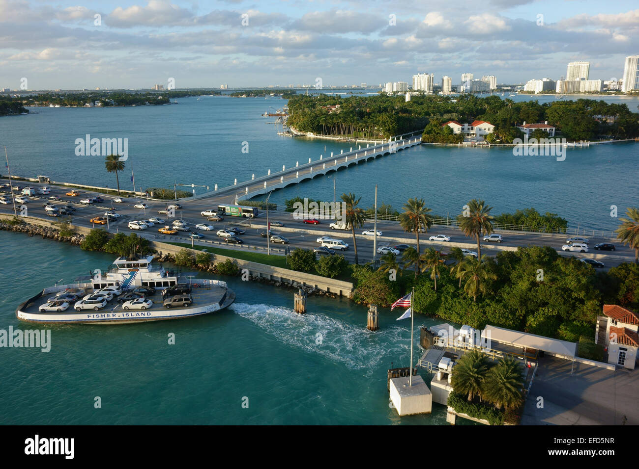 Fisher Island car ferry and MacArthur Causeway with  Star Island on the background, , Miami, Florida, USA Stock Photo