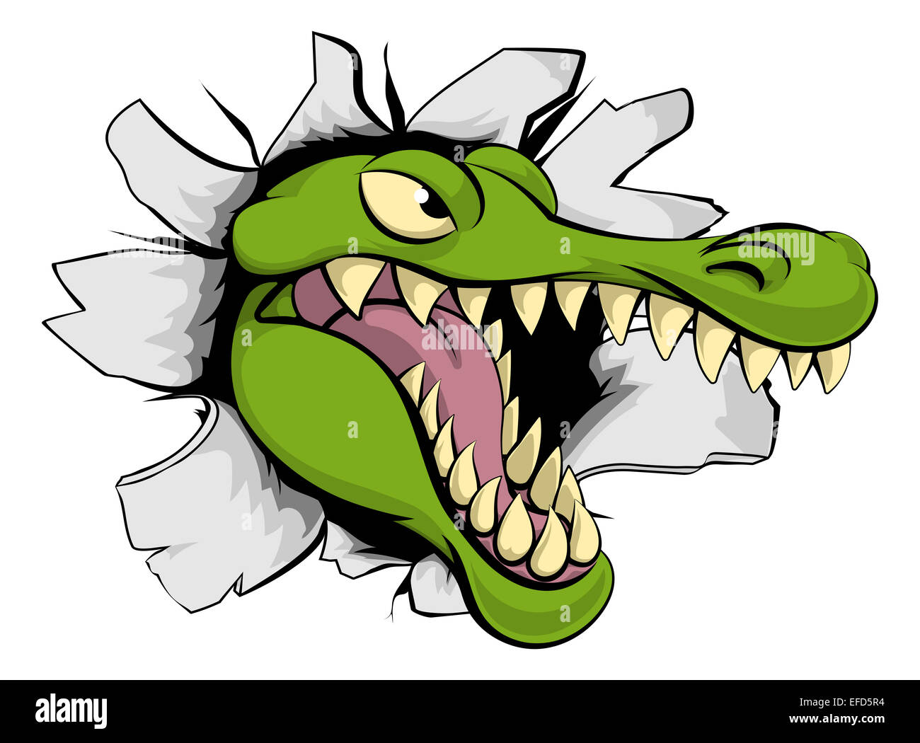 A cartoon crocodile or alligator mascot head smashing through a wall Stock  Photo - Alamy
